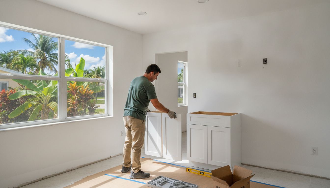 Contractor setting a new base cabinet during a kitchen remodel in a Miami concrete-block home